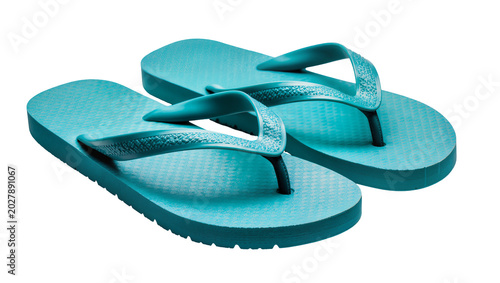 Tableau sur toile Pair of teal rubber flip-flops with textured straps, isolated on transparent bac