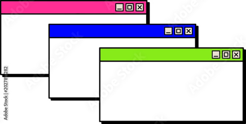 A playful illustration of retro browser windows with a flat UI interface in a vector style.