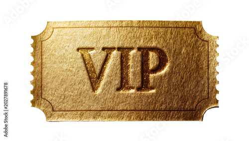 Golden VIP ticket with embossed lettering, isolated on transparent background