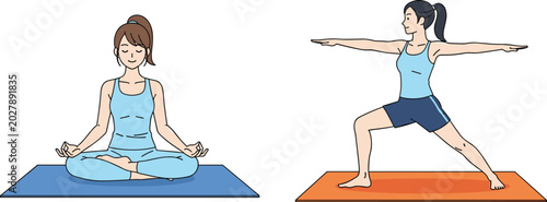 Two Women Practicing Yoga and Meditation on Colorful Mats for Wellness, Fitness, and Mindfulness Lifestyle Illustration
