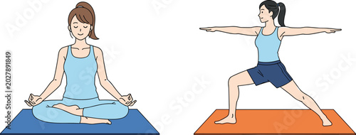 Relaxed Women Practicing Yoga and Meditation on Colorful Mats for Wellness, Mindfulness, and Healthy Lifestyle Illustration
