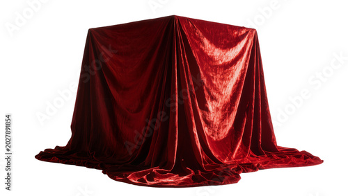 Canvastavla Red velvet draped over a cube, isolated on transparent background