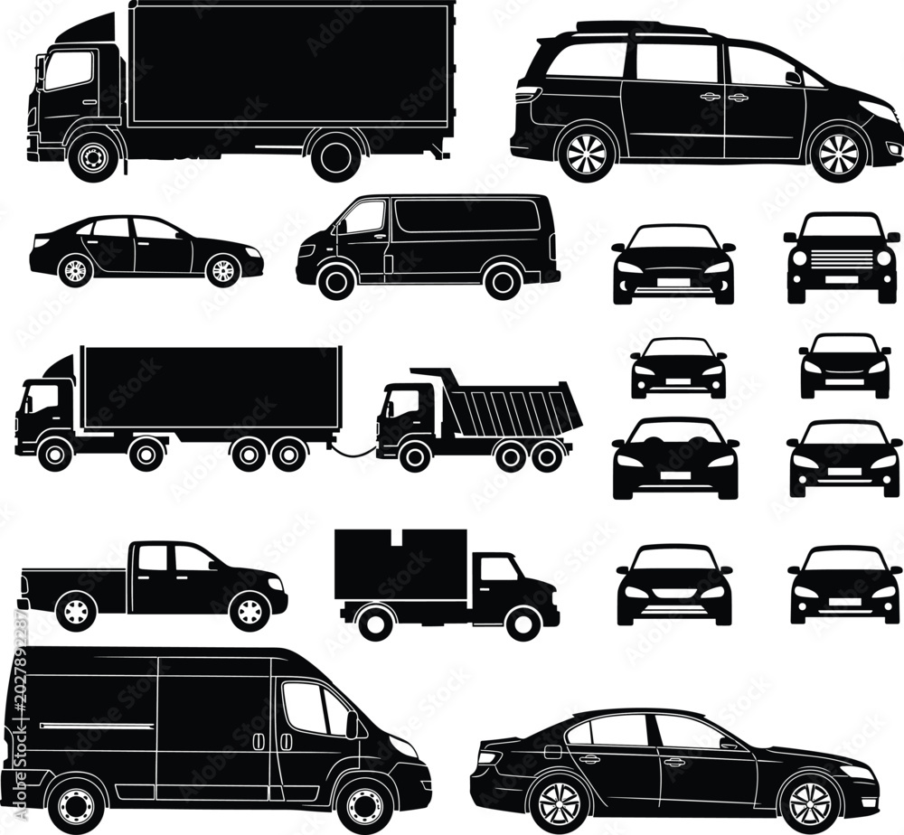 Obraz premium Commercial Vehicle Silhouette Collection With Cars Vans Trucks And Transport Icons Isolated Vector Illustration Set