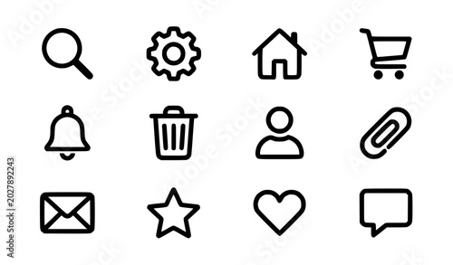 Web and mobile user interface line icons set representing essential digital navigation menu tools and electronic commerce