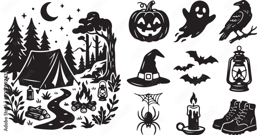 Obraz premium Halloween camping icons with spooky forest scene elements