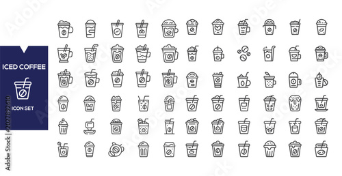 Tableau sur toile Collection of Iced Coffee Icons: A comprehensive set of stylized line art icons representing various iced coffee drinks, showcasing different cups, straws, and toppings