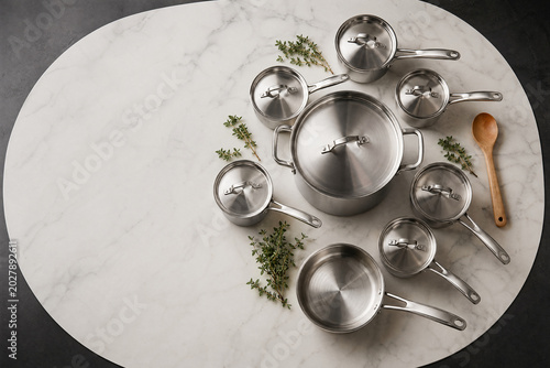 Premium stainless steel cookware set arranged on a marble surface with fresh thyme sprigs and a wooden spoon.