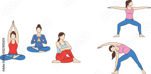 Women Practicing Various Yoga Poses and Meditation for Wellness, Flexibility, and Mindfulness in Flat Vector Illustration