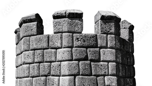 Foto Ancient stone castle battlement with crenellations, isolated on transparent back