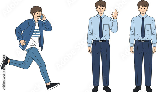 Young Men in Casual and Formal Outfits Showing Different Gestures and Actions for Business and Lifestyle Illustration