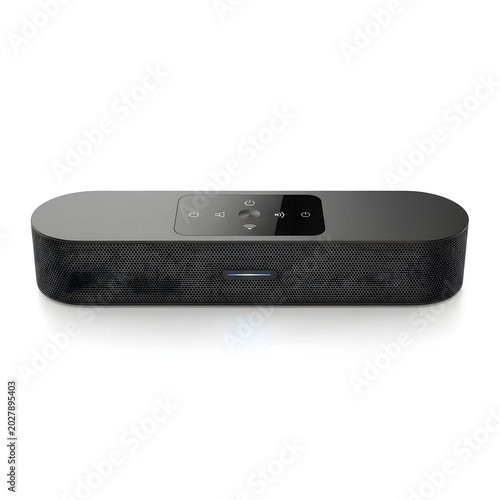 Modern Black Portable Bluetooth Speaker with Touch Controls and Wireless Connectivity Isolated on White Background
