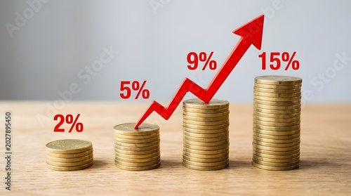 Stacks of gold coins on a wooden table with a red arrow showing a rising percentage growth trend