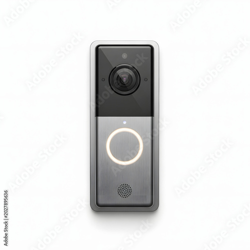 Modern Smart Video Doorbell with Security Camera and LED Ring Button Isolated on White