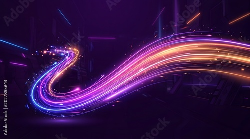 Swirling orange and purple light trails moving through a dark abstract digital space scene