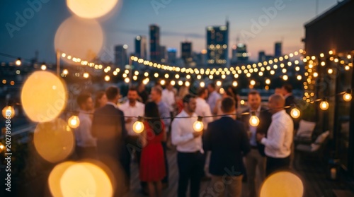 Professional group socializing on rooftop terrace at dusk with warm string lights and blurred city skyline background for elegant business networking and evening celebration