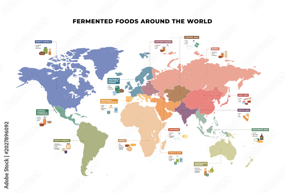Obraz premium Fermented foods around the world map infographic. Flat vector illustration of global probiotic nutrition. Traditional regional meals and cultural diet chart isolated on white.