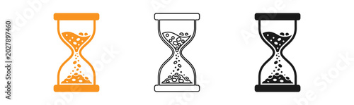 Three hourglass icons in orange black and white line art styles