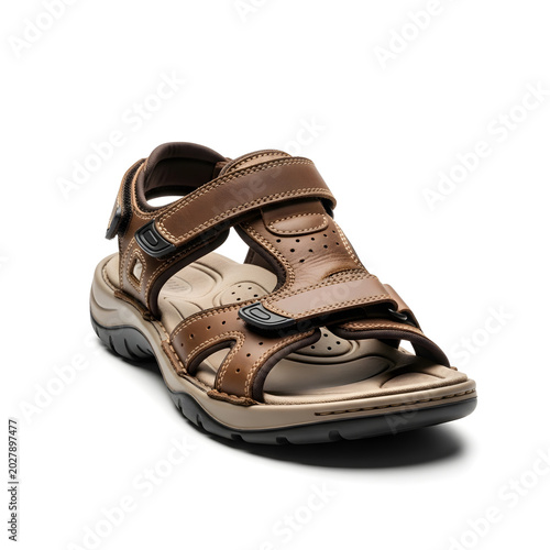 Men's Brown Leather Sport Sandals with Adjustable Straps and Ergonomic Sole, Isolated on White Background for Outdoor and Casual Summer Wear