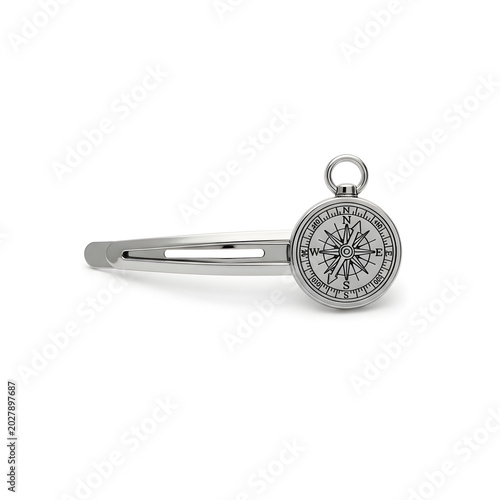 Elegant Silver Hair Clip with Vintage Compass Rose Design, Nautical Themed Barrette Isolated on White