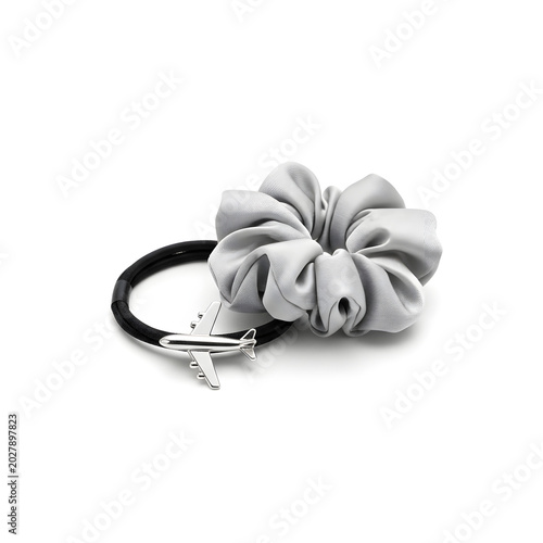 Silver Satin Scrunchie and Black Hair Tie with Airplane Charm, Travel-Themed Hair Accessories Isolated on White