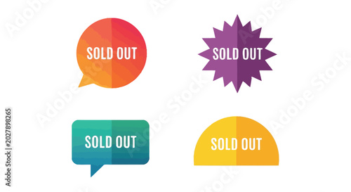 Colorful sold-out labels in various geometric shapes, a professional graphic design set for commercial retail marketing purposes