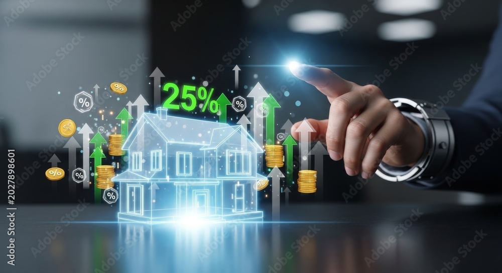 Obraz premium Hand pointing to 25 percent growth on digital real estate investment hologram