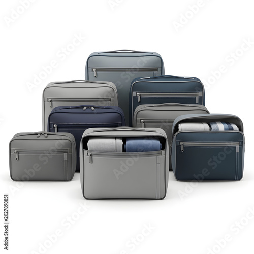 Complete Set of Travel Packing Cubes and Luggage Organizers for Efficient Trip Planning - Gray and Navy Blue Storage Pouches Isolated on White Background