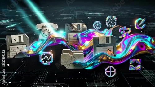 Abstract Cyber Glitch Background with 3D Retro Technology Elements and Liquid Metallic Wave