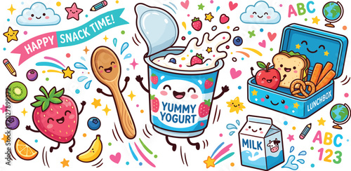 Cute cartoon school lunch concept with happy yogurt mascot sandwich apple milk ribbon banner and educational doodle elements set