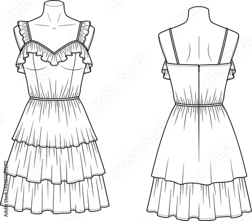 Fotografia Women fashion dress flat sketch vector illustration featuring tiered ruffle skir