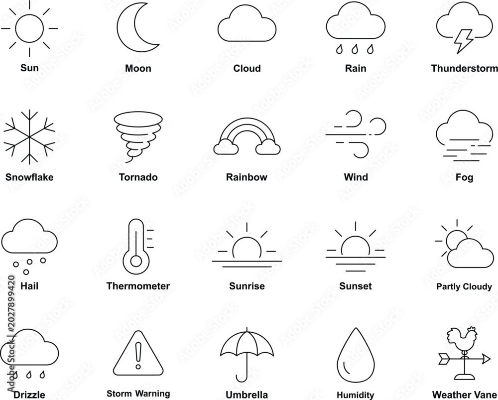 Fototapeta premium Clean Weather Icons with Forecast, Storm and Climate Elements in Outline Style