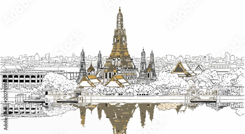 Billede på lærred Exquisite vector illustration of an ornate Asian temple with its reflection in w