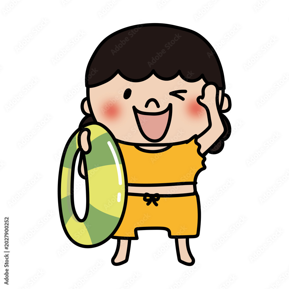 Naklejka premium 水着で浮き輪を持っているふわふわの天パの子供（女の子）