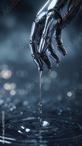 Robotic hand dripping liquid into dark water, close-up of metallic cyborg fingers creating ripples in a reflective pool.