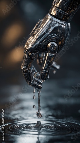 A metallic robotic hand touching a water surface with droplets falling, intricate mechanical details and reflective steel texture.