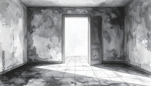 Minimalist hand-drawn black-and-white illustration of an empty room with a slightly open door and subtle shadow. Sparse monochrome composition with symbolic atmosphere, emotional tension, and clean li