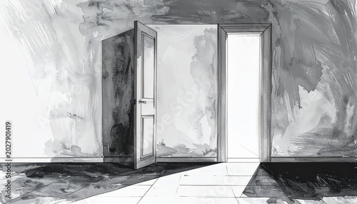 Minimalist hand-drawn black-and-white illustration of an empty room with a slightly open door and subtle shadow. Sparse monochrome composition with symbolic atmosphere, emotional tension, and clean li