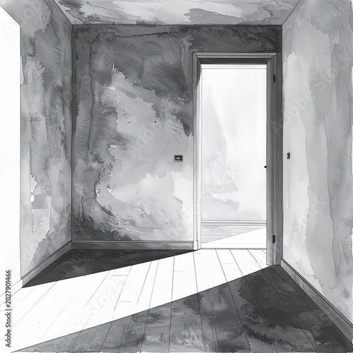 Minimalist hand-drawn black-and-white illustration of an empty room with a slightly open door and subtle shadow. Sparse monochrome composition with symbolic atmosphere, emotional tension, and clean li