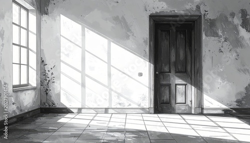 Minimalist hand-drawn black-and-white illustration of an empty room with a slightly open door and subtle shadow. Sparse monochrome composition with symbolic atmosphere, emotional tension, and clean li