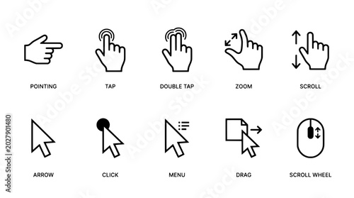 Arrows navigation UI icons set with hand pointer gestures, click, scroll, zoom, drag, and mouse wheel indicators