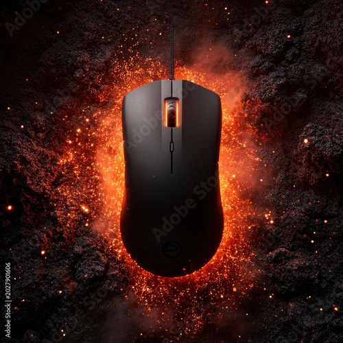 Black gaming mouse surrounded by glowing orange embers and smoke, computer peripheral on a dark textured background.