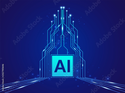 Futuristic AI technology network connecting tower with Digital circuit board lines rising up into intelligent data processing Vector Illustration Design concept, representing AI, AGI, innovation.