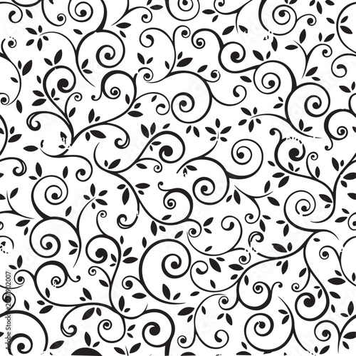 Φωτογραφία Seamless pattern with black and white floral design elements, swirly tendrils with leaves
