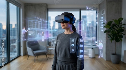 Young Woman Using Virtual Reality Headset with Futuristic Holographic Interface in Modern Apartment Living Room
