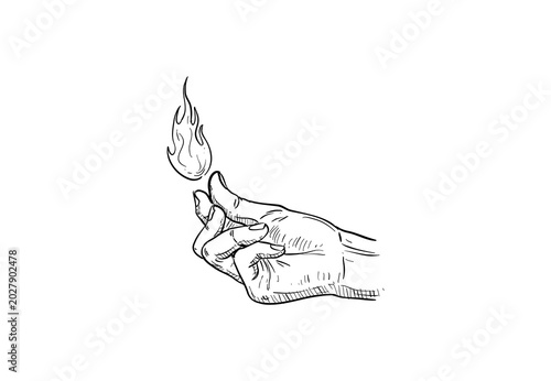 Εκτύπωση καμβά Hand holding fire flame sketch, burning matchstick gesture