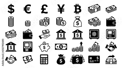Currency finance icons set with dollar pound euro bitcoin coins and business payment symbols for digital UI