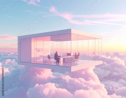 Surreal modern office floating above the clouds with calm business people working in a dreamlike atmosphere. Contemporary workspace concept featuring soft pastel lighting, futuristic architecture, and