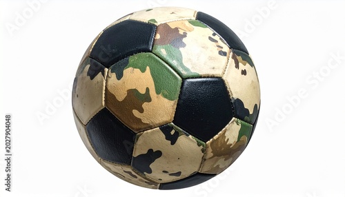Camouflage patterned soccer ball on white reflective background