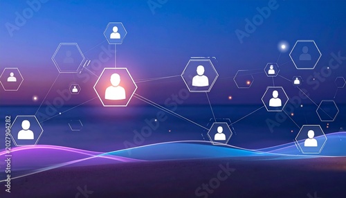 Glowing hexagonal network icons connecting human silhouettes digitally