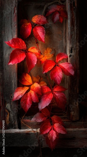 Vibrant red autumn leaves growing on an aged, dark wooden window frame, rustic seasonal nature background with dramatic lighting.